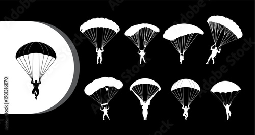 A collection of parachuters in various positions against a black background