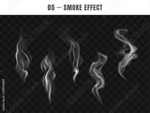 Realistic smoke effect vector collection, five transparent white vapor elements, abstract steam design assets