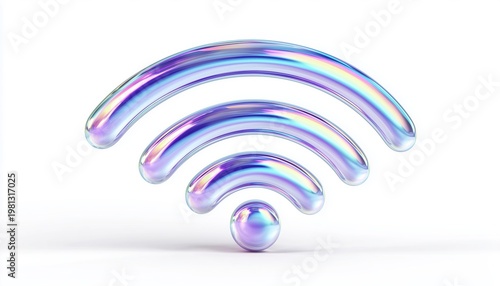 Blue And Purple Iridescent Wi-Fi Internet Symbols On A White Background With A Holographic Effect. Vivid And Shimmering Design For Modern Technology.