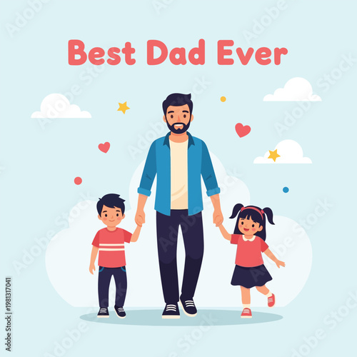 Happy Father's Day illustration a loving dad with his children