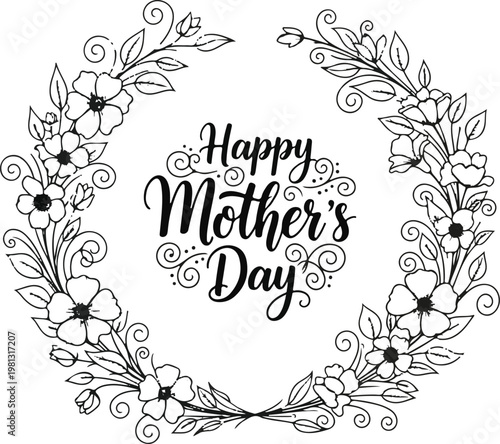 Happy Mother's Day Floral Wreath Vector Illustration, Hand Drawn Line Art for Greeting Cards and Adult Coloring Page