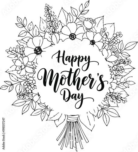 Happy Mother's Day Greeting Card with Floral Bouquet Wreath in Line Art Style