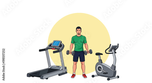 Athletic man exercising with dumbbells surrounded by various modern gym equipment in a flat vector illustration
