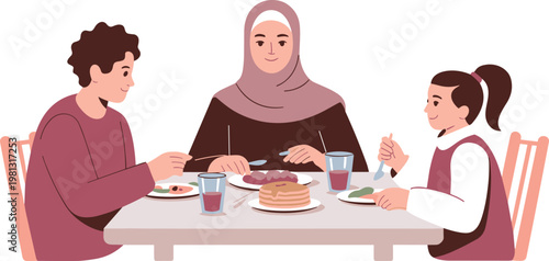 Muslim family sitting at table and sharing a healthy meal in flat design illustration