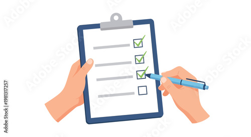 Vector illustration of hands completing a checklist on a clipboard with a pen, signifying task completion and productivity.