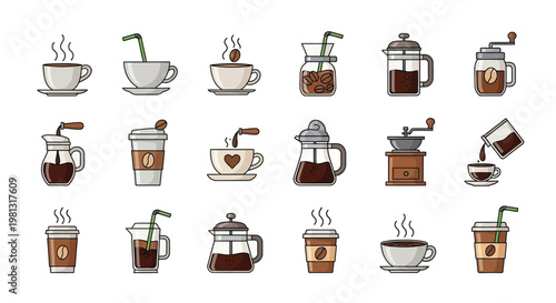 Modern coffee collection vector illustration graphic design featuring various brewing tools and refreshing drinks.