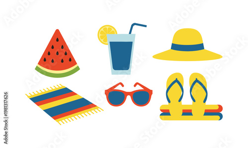 Colorful icons representing a fun summer beach outing essentials