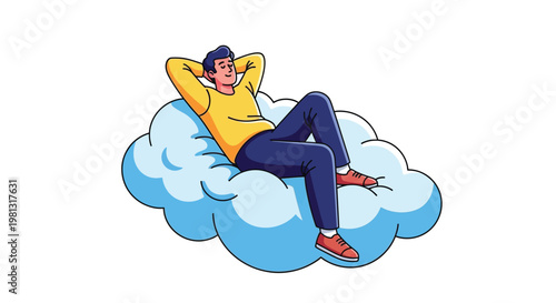 Relaxed man resting calmly while lying on a soft fluffy white cloud in vector illustration style
