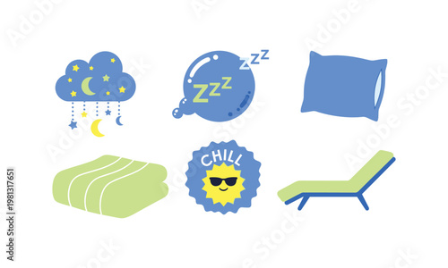 Illustrations depicting various relaxation and sleep-related activities and items