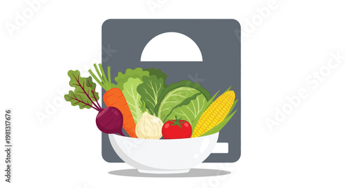 Colorful vector illustration of fresh harvested vegetables in a white bowl for healthy diet concepts