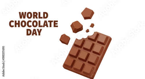 Vector illustration celebrating World Chocolate Day with a delicious bitten bar and flying pieces