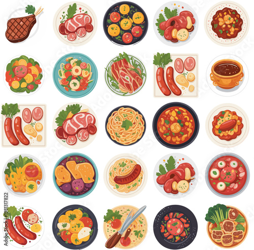 Colorful flat design food icon set featuring pizza sushi burgers fruits and snacks for menu design apps websites and print projects