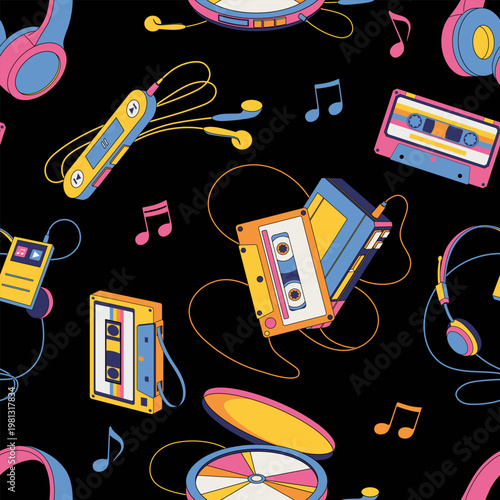 Colorful seamless pattern with retro portable music devices and audio accessories. Vector illustration of cassette player, headphones, MP3 player, earphones, cassette tapes and musical notes.