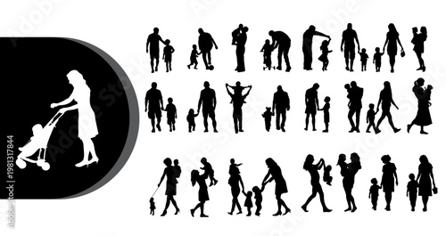 A collection of black silhouettes depicting various family scenes and relationships.