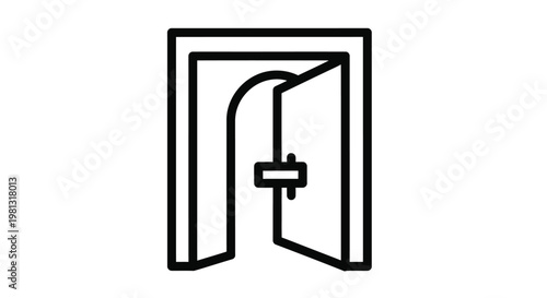 A simple black and white line drawing depicts an open doorway with a visible door handle