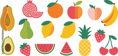 Collection of fresh fruit icons in flat minimalist design for healthy lifestyle and nutritional concepts