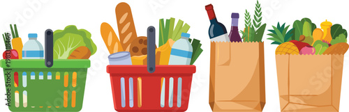 Collection of grocery shopping baskets and paper bags filled with fresh food in flat design style