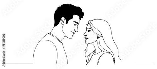 Romantic couple looking at each other in love continuous one line drawing minimal profile portrait