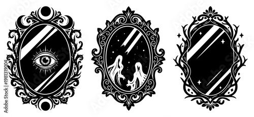 Gothic ornate mirror frames set with occult and mystical symbols, vintage magic mirrors with eye and ghost