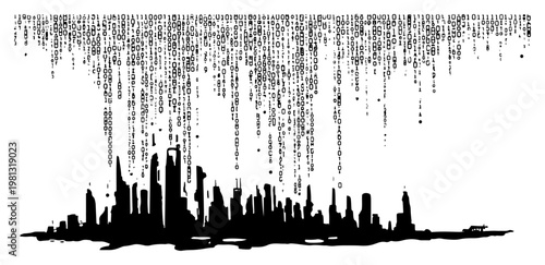 Digital city skyline with binary code rain, cyberpunk smart city concept with data stream technology