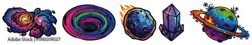 Vibrant cosmic space icons set with nebula, wormhole, asteroid, magic crystal and fantasy planet