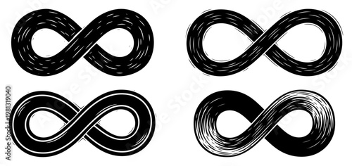 Infinity symbol icons with various textures, eternal loop signs for logo design and spiritual concepts