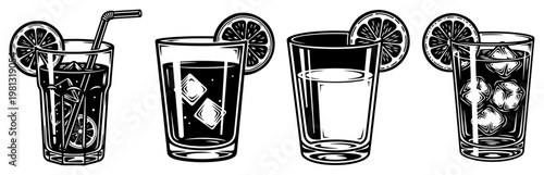 Refreshing summer cocktails and cold drinks set with ice cubes and citrus slices, vintage engraving style beverage icons for bar menu