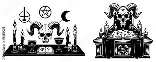 Occult altar with ram skull and burning candles for mystical rituals, dark gothic witchcraft illustrations with pentagram and spell book
