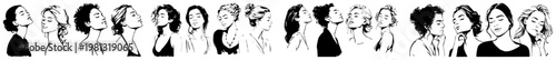 Diverse women profile portraits set with various hairstyles, minimalist female faces for beauty and hair salon branding