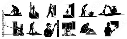 Construction workers and home renovation professionals silhouettes set, builders performing manual labor and repair tasks