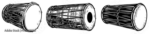 Traditional ethnic drums set, musical percussion instruments for world music, vintage woodcut style drum icons