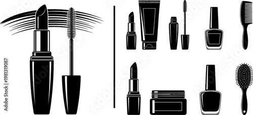 Beauty and Cosmetic Icon Set Featuring Lipstick, Mascara, Nail Polish, Brushes, and Skincare Products for Fashion and Grooming Designs