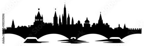 Moscow city skyline silhouette with Kremlin and bridge, Russian landmark architecture and historic townscape
