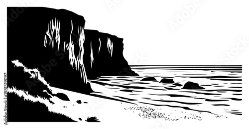 Coastal cliff landscape with sea waves, ocean shore scenery with rocky mountain and beach silhouette