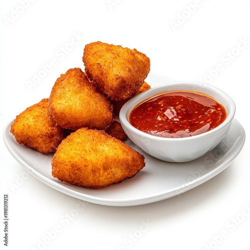 Crispy golden fried chicken nuggets served with spicy sweet chili dipping sauce on a white plate isolated on white background