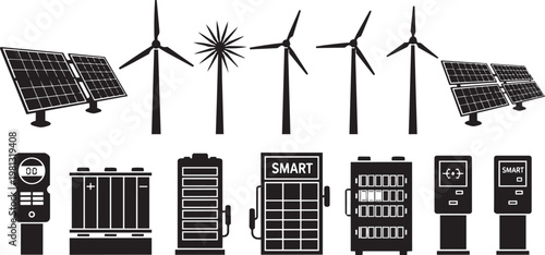 Sustainable Green Energy Icons Set, Solar Panel and Wind Turbine Silhouettes, Renewable Power Station Vector Elements