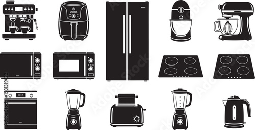 Modern Kitchen Appliances and Home Electronics Icons Set, Cooking Equipment Silhouettes, Kitchenware Vector Design