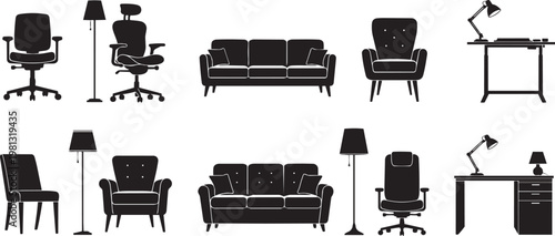 Modern Interior Furniture Silhouettes Set, Living Room and Office Decor Icons, Home Arrangement Vector Elements