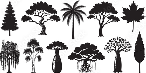 Diverse Tree Silhouettes Collection, Forest and Tropical Palm Trees Set, Nature Landscape Vector Elements