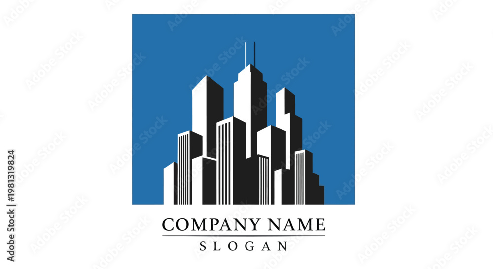 Fototapeta premium A minimalist logo featuring a dark gray skyline against a solid blue background with company branding below