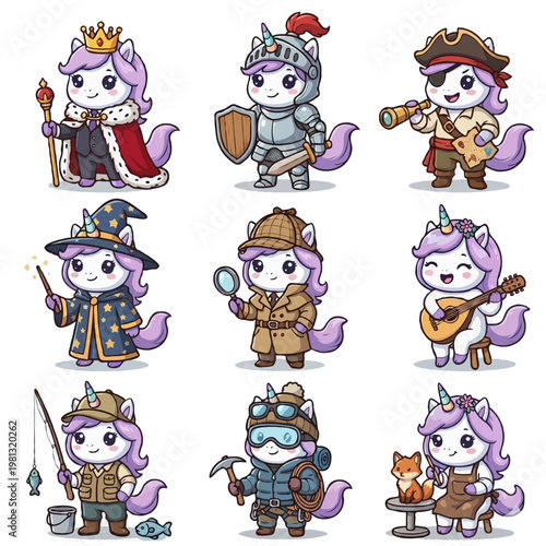 Set of 9 Cute Unicorn Profession Characters - Kawaii Fantasy Unicorn King, Knight, Pirate, Wizard, Detective, Musician, Fisherman, Mountain Climber, and Artist - Vector Illustration