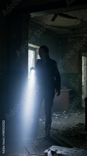 Man with flashlight exploring abandoned building.