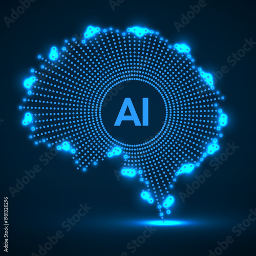 Abstract glowing human brain of dotted. Concept of neural connections, artificial intelligence. Vector illustration