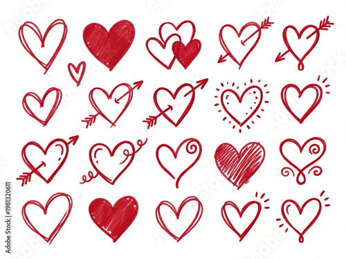 Hand-drawn red heart doodles on a white background, ideal for Valentine's Day, illustrated in a simple vector style.