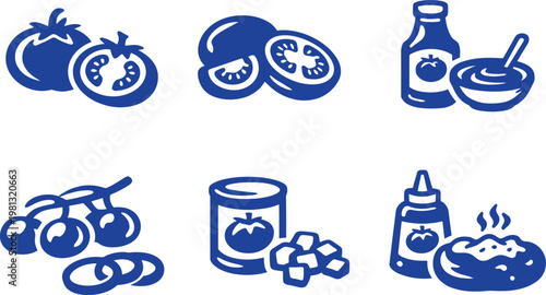 Tomato products icon set a variety of forms and culinary uses represented in blue glyphs