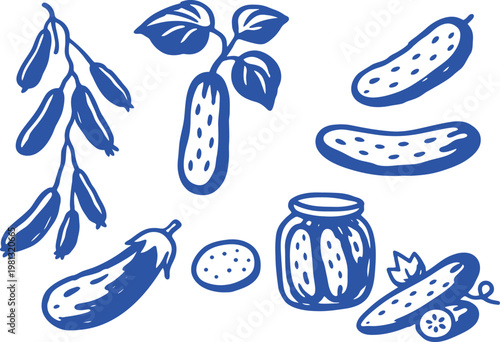 Blue cucumbers and pickles illustration a vintage style botanical arrangement