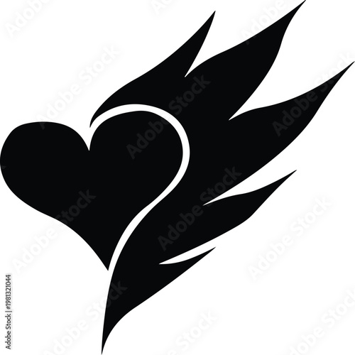 Simple black heart with wings flying like a bird in a decorative tattoo style design
