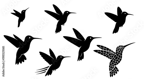 Hummingbird silhouettes set and geometric mosaic bird illustration. Design for wall decals, logos, or laser cutting patterns. Transparent background SVG version.