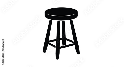 A simple black silhouette of a wooden stool with four legs and a rounded seat