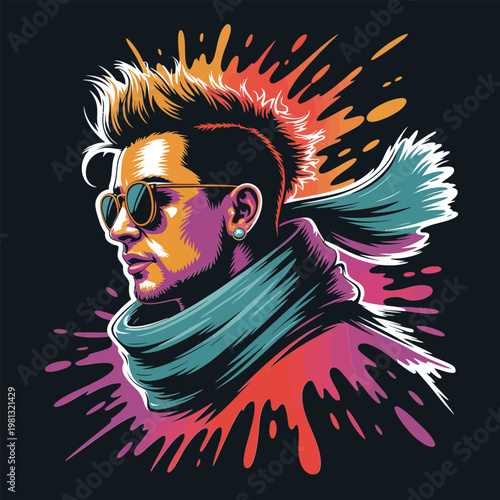 Stylish man with sunglasses and scarf in colorful pop art style vector illustration; trendy male character design for fashion, music, and urban lifestyle themes.